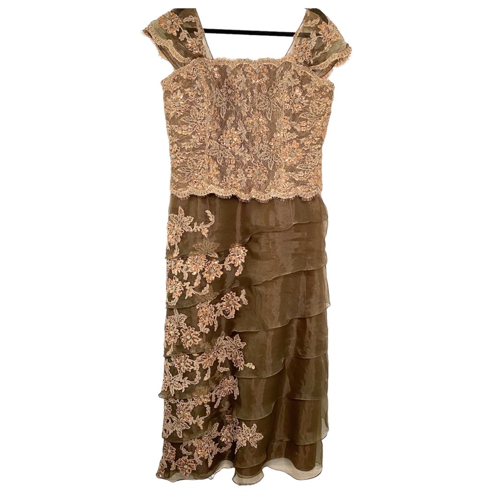 VTG Jovani Women’s Sz 18 Brown Beaded Long Maxi Ruffle Dress Lined Short Sleeve